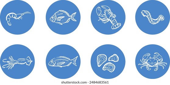 Meeresfrüchte-Symbole. Handgezeichnete Illustration von Fischen, Krabben, Tintenfisch, Kader und Garnelen. Ozean und Meer Delikatesse Symbol.