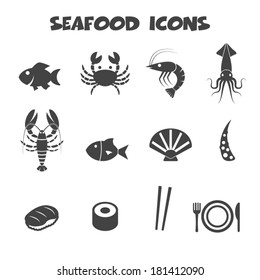 seafood icons, mono vector symbols