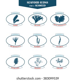 Seafood icons. seaweed icons. Can be used for restaurants, menu design, internet pages design, in the fishing industry, commercial