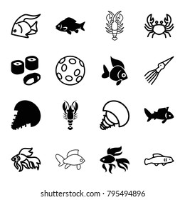 Seafood icons. set of 16 editable filled and outline seafood icons such as fish, sushi, extinct sea creature, crab