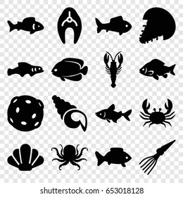 Seafood icons set. set of 16 seafood filled icons such as fish, octopus, crab, shell, extinct sea creature