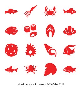 Seafood icons set. set of 16 seafood filled icons such as fish, octopus, crab, sushi, shell, extinct sea creature