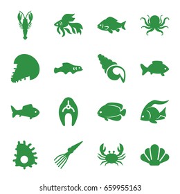 Seafood icons set. set of 16 seafood filled icons such as fish, octopus, crab, shell, extinct sea creature