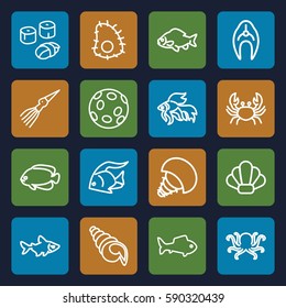 seafood icons set. Set of 16 seafood outline icons such as fish, octopus, crab, sushi, shell