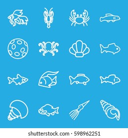 seafood icons set. Set of 16 seafood outline icons such as fish, octopus, crab, shell, extinct sea creature