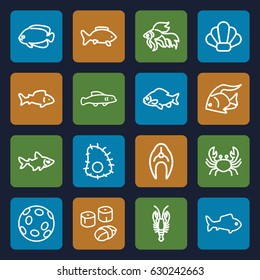 Seafood icons set. set of 16 seafood outline icons such as fish, crab, sushi, shell, extinct sea creature