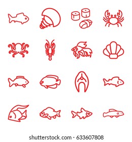 Seafood icons set. set of 16 seafood outline icons such as fish, octopus, crab, sushi, shell, extinct sea creature