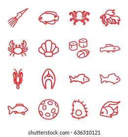 Seafood icons set. set of 16 seafood outline icons such as fish, octopus, crab, sushi, shell, extinct sea creature