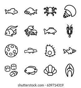 Seafood icons set. set of 16 seafood outline icons such as fish, octopus, crab, sushi, shell, extinct sea creature