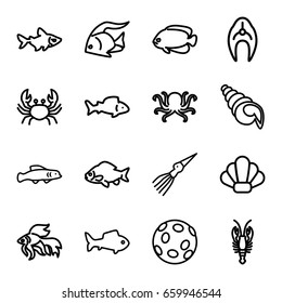 Seafood icons set. set of 16 seafood outline icons such as fish, octopus, crab, shell, extinct sea creature