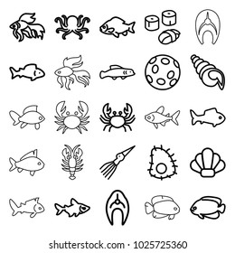 Seafood icons. set of 25 editable outline seafood icons such as fish, octopus, crab, sushi, shell, extinct sea creature