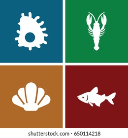Seafood icons set. set of 4 seafood filled icons such as crab, fish, shell