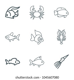 Seafood icons. set of 9 editable outline seafood icons such as fish, extinct sea creature