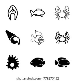 Seafood icons. set of 9 editable filled and outline seafood icons such as fish, shell, extinct sea creature