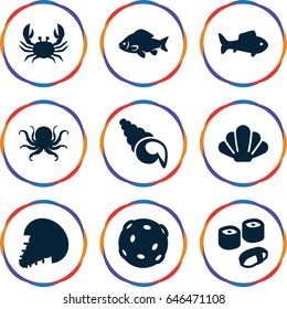 Seafood icons set. set of 9 seafood filled icons such as octopus, fish, crab, sushi, shell