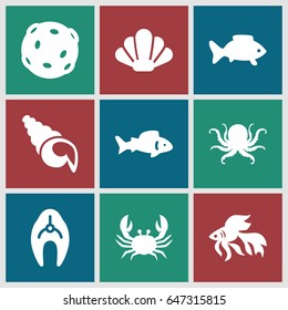 Seafood icons set. set of 9 seafood filled icons such as fish, octopus, crab, shell