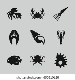 Seafood icons set. set of 9 seafood filled icons such as fish, octopus, crab, shell