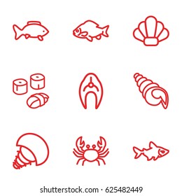 Seafood icons set. set of 9 seafood outline icons such as fish, crab, sushi, shell