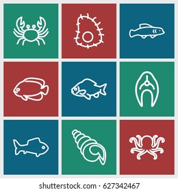 Seafood icons set. set of 9 seafood outline icons such as octopus, fish, crab, shell, extinct sea creature