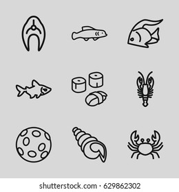 Seafood icons set. set of 9 seafood outline icons such as fish, crab, sushi, shell, extinct sea creature