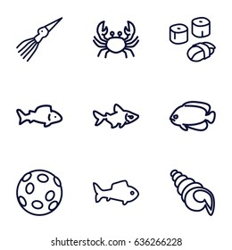 Seafood icons set. set of 9 seafood outline icons such as fish, crab, sushi, shell