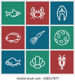 Seafood icons set. set of 9 seafood outline icons such as fish, crab, shell