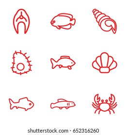 Seafood icons set. set of 9 seafood outline icons such as crab, fish, shell, extinct sea creature
