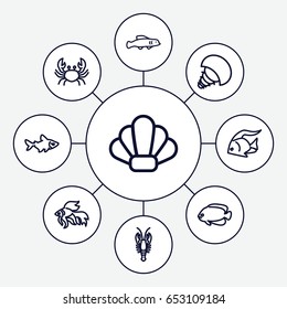 Seafood icons set. set of 9 seafood outline icons such as fish, crab, shell, extinct sea creature