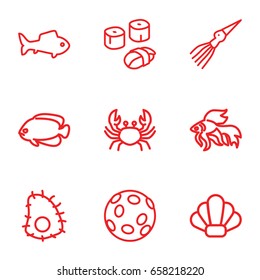 Seafood icons set. set of 9 seafood outline icons such as crab, fish, sushi, shell