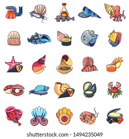 Seafood icons set. Cartoon set of 25 seafood vector icons for web isolated on white background