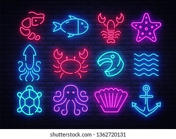 Seafood icons set. Seafood collection neon signs. Bright signboard, light banner. Neon isolated icon, emblem, design tremplate. Vector Illustration