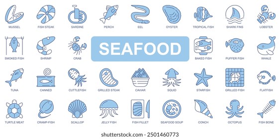 Seafood icons set in duotone outline stroke design for web. Pack pictograms of mussel, fish steak, sardine, perch, eel, oyster, shark fins, lobster, shrimp, crab, whale, other. Vector illustration.