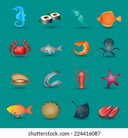 Seafood icons set with fish octopus shrimp stingray isolated vector illustration