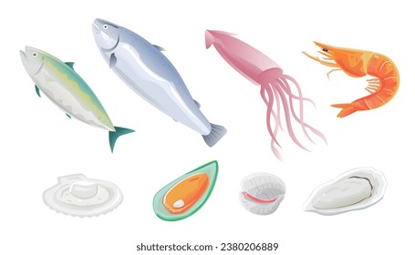 Seafood icons set isolated on white background. Various fresh food.