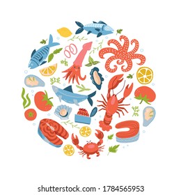 Seafood icons set in round, circle flat style. Sea food collection isolated on white background. Fish products, marine meal design element. Vector flat hand drawn illustration