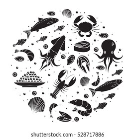 Seafood icons set in round shape, black silhouette. Sea food collection isolated on white background. Fish products, marine meal design element. Vector illustration