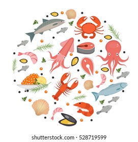 Seafood icons set in round shape, flat style. Sea food collection isolated on white background. Fish products, marine meal design element. Vector illustration