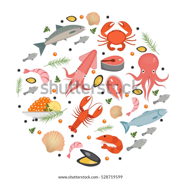 丸い形の平らなスタイルの魚介類のアイコンセット 白い背景に海の食料コレクション 魚の製品 海洋食品のデザインエレメント ベクターイラスト のベクター画像素材 ロイヤリティフリー