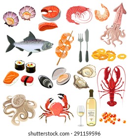 Seafood icons set with sushi lobster shrimp and white wine bottle isolated vector illustration