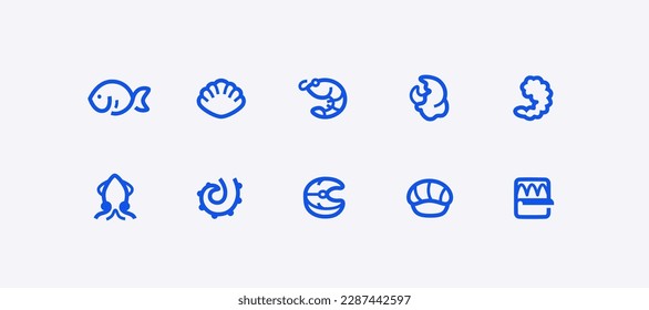 Seafood icons set. Vector. Fish, oysters, mussels, shrimp, crab, octopus, squid, sushi, sprats.. Isolated on the white background. Line icons collection. Eps10 illustration.