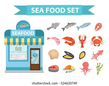 Seafood icons set vector, flat style. Sea food collection isolated on white background. Fish products illustration, design element. Fish store building, showcase
