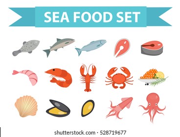 Seafood icons set vector, flat style. Sea food collection isolated on white background. Fish products illustration, design element