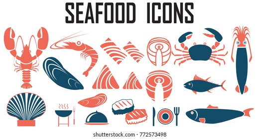 seafood  icons set vector, symbol mono simple pictogram