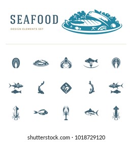 Seafood icons and silhouettes isolated on white set vector illustration. Good for seafood restaurant and fisherman logos.