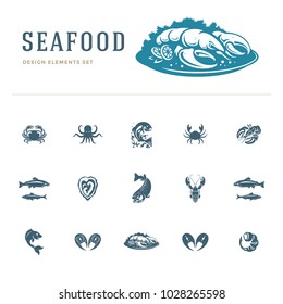 Seafood icons and silhouettes isolated on white set vector illustration. Good for seafood restaurant menu and fisherman logos.