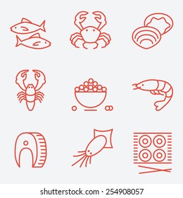 Seafood icons, thin line style, flat design