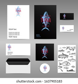 Seafood identity restaurant. Template for fish marker. Sketsh vector illustration brending local farm store.