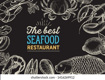 Seafood illustration - fish, crab, lobster, shrimp, mussel for restaurant menu. Vector hand drawn poster for food cafe and meal truck. Design with lettering and doodle vintage graphic.