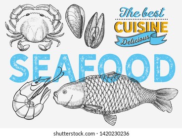 Seafood illustration - fish, crab, lobster, shrimp, mussel for restaurant menu. Vector hand drawn poster for food cafe and meal truck. Design with lettering and doodle vintage graphic.