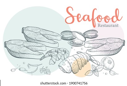 Seafood illustration hand drawn, vector vintage style. Retro sketch